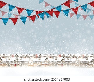 Christmas background. Snow is falling. Snow-covered houses of the old town. Highly realistic illustration.
