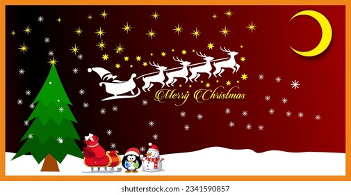 Christmas Background With a snow flake and santa claus train, and little pingun vector