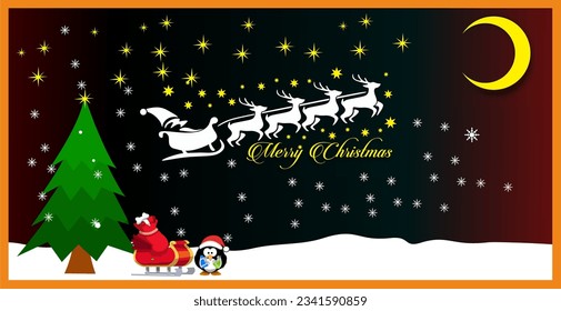 Christmas Background With a snow flake and santa claus train, and little pingun vector