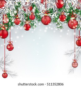 Christmas background with snow, gift, twigs and red baubles. Eps 10 vector file.