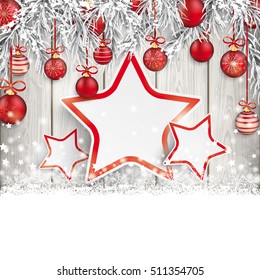 Christmas background with snow, gift, twigs and red baubles. Eps 10 vector file.