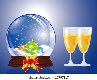 Christmas Background with snow globe and glass, element for design, vector illustration
