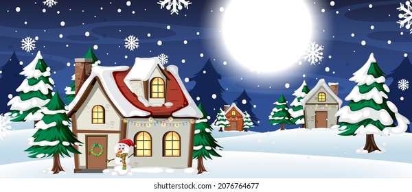 Christmas Background With Snow House At Night  Illustration