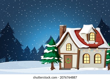 Christmas background with snow house at night  illustration