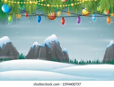 Christmas background with snow mountains rocks hills