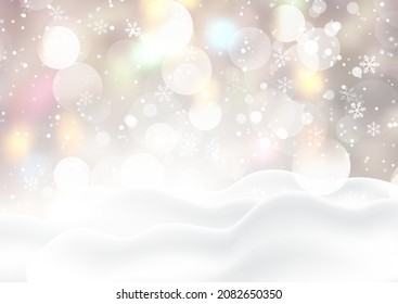 Christmas background with snow on a bokeh ligths and snowflake design