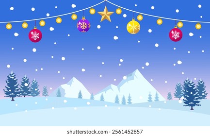 Christmas background, snow on forest pine trees on mountain, colorful balls and light bulbs decoration, winter scenery