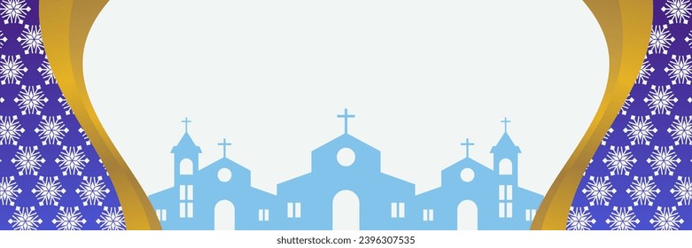 Christmas background, with snow ornaments and church silhouette. vector template for banner, poster, social media, Christian holiday greeting card.