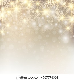 Christmas Background With Snow And Snowflakes Glitter On Gold Background Place For Text. Vector Illustration