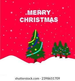 Christmas background, snow tree decorated with colorful lights, Christmas tree in the snow, red snowfall background