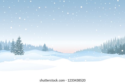 Christmas background. Snow winter landscape. Retro Merry Christmas snowy skyline. Winter nature holiday snowfall view.