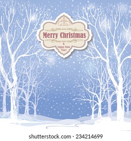 Christmas background. Snow winter landscape.  Retro Merry Christmas greeting card.