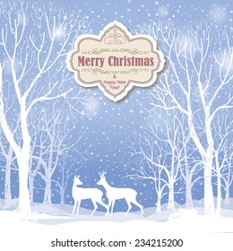 Christmas background. Snow winter landscape with deers.  Retro Merry Christmas greeting card.