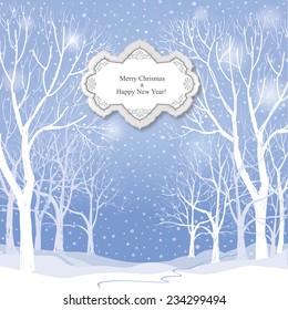 Christmas background. Snow winter landscape.  Retro Merry Christmas greeting card.