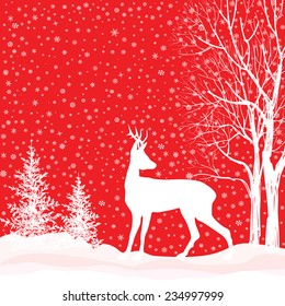 Christmas background. Snow winter landscape with deer.  Merry Christmas greeting card.