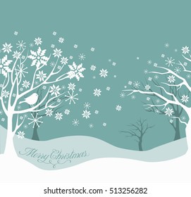 Christmas background. Snow winter landscape with fir trees.
