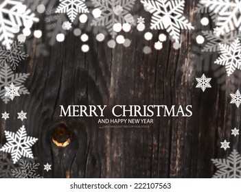 Christmas background with snow & wood texture. Vector illustration