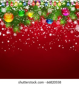 Christmas background with snow-covered branches of Christmas tree, decorated with garlands and balloons.