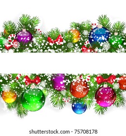 Christmas background with snow-covered branches of Christmas tree, decorated with candies and balloons.