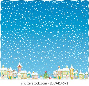 Christmas background with snowfall over a pretty small town decorated for merry winter holidays, vector cartoon illustration 