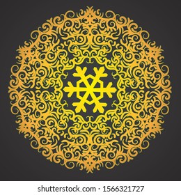 Christmas background with snowflake and Oriental mandala pattern on black isolated background. Vector image. eps 10