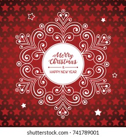 Christmas background with snowflake and red stars background. Holiday greeting vector card.