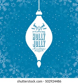Christmas background with snowflakes and big bauble with greetings