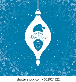Christmas background with snowflakes and big bauble with greetings