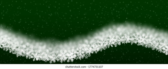 Christmas background of snowflakes of different shape, blur and transparency, wave shaped, on green background