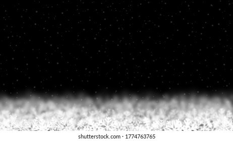 Christmas background of snowflakes of different shape, blur and transparency, located bottom, on black background