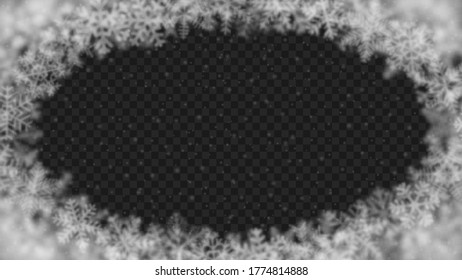 Christmas background of snowflakes of different shape, blur and transparency, arranged in a ellipse, on transparent background
