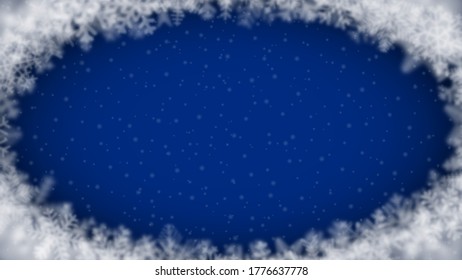 Fondo navideño de copos de nieve de diferente forma, borrosidad y transparencia, arreglado en una elipse, sobre fondo azul