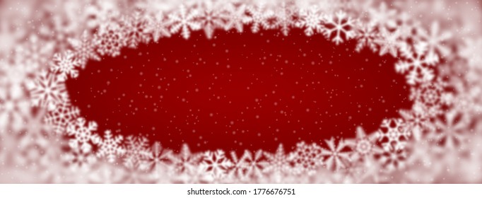 Christmas background of snowflakes of different shape, blur and transparency, arranged in a ellipse, on red background