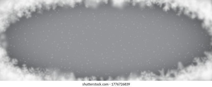 Christmas background of snowflakes of different shape, blur and transparency, arranged in a ellipse, on gray background
