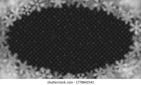 Christmas background of snowflakes of different shape, blur and transparency, arranged in a ellipse, on transparent background