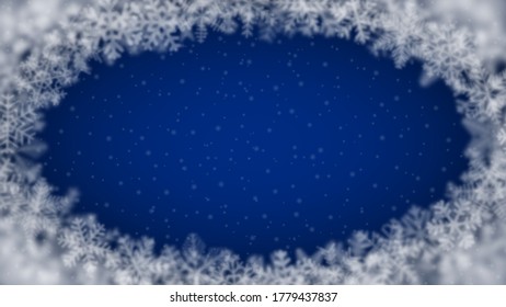 Christmas background of snowflakes of different shape, blur and transparency, arranged in a ellipse, on blue background