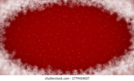 Christmas background of snowflakes of different shape, blur and transparency, arranged in a ellipse, on red background