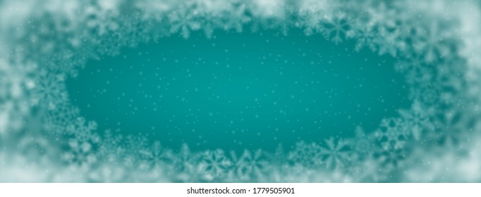 Fondo navideño de copos de nieve de diferente forma, borrosidad y transparencia, dispuestos en una elipse, sobre fondo turquesa