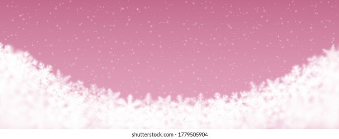 Christmas background of snowflakes of different shape, blur and transparency, located bottom, on pink background