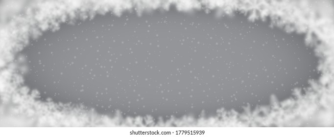Fondo navideño de copos de nieve de diferente forma, borrosidad y transparencia, dispuestos en una elipse, sobre fondo gris