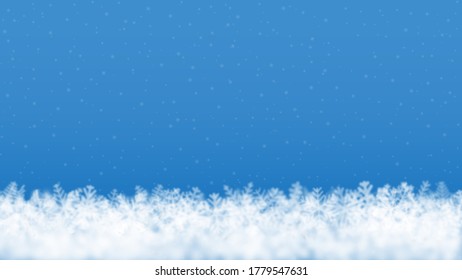 Christmas background of snowflakes of different shape, blur and transparency, located bottom, on light blue background