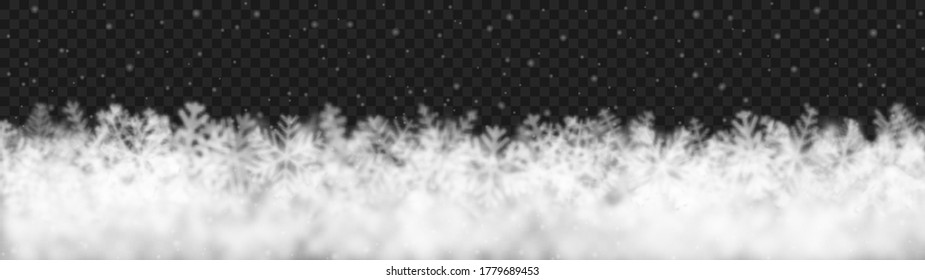 Christmas background of snowflakes of different shape, blur and transparency, located bottom, on transparent background