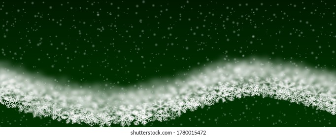Christmas background of snowflakes of different shape, blur and transparency, wave shaped, on green background