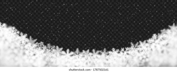 Christmas background of snowflakes of different shape, blur and transparency, located at bottom, on transparent background