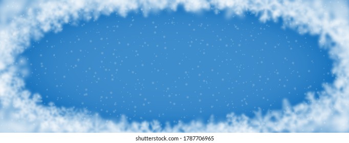 Fondo navideño de copos de nieve de diferente forma, borrosidad y transparencia, arreglado en una elipse, sobre fondo azul claro
