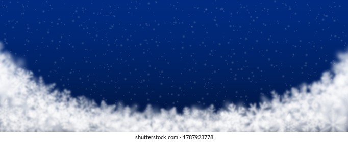 Fondo navideño de copos de nieve de diferente forma, borrosidad y transparencia, situado abajo, sobre fondo azul