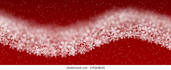Christmas background of snowflakes of different shape, blur and transparency, wave shaped, on red background