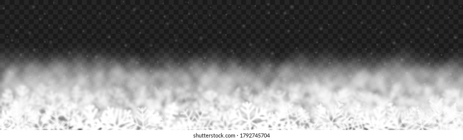 Fondo navideño de copos de nieve de diferente forma, borrosidad y transparencia, situado abajo, sobre fondo transparente