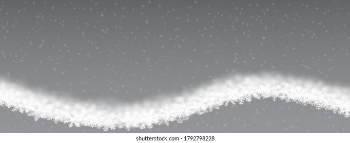 Weihnachtshintergrund von Schneeflocken verschiedener Form, unscharf und transparent, wellenförmig auf grauem Hintergrund