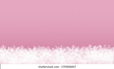 Christmas background of snowflakes of different shape, blur and transparency, located bottom, on pink background